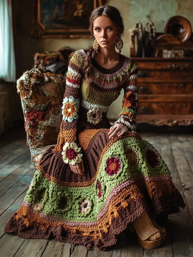 Comstylish Vintage Bohemia Flower Crochet Patchwork Maxi Sweater Dress