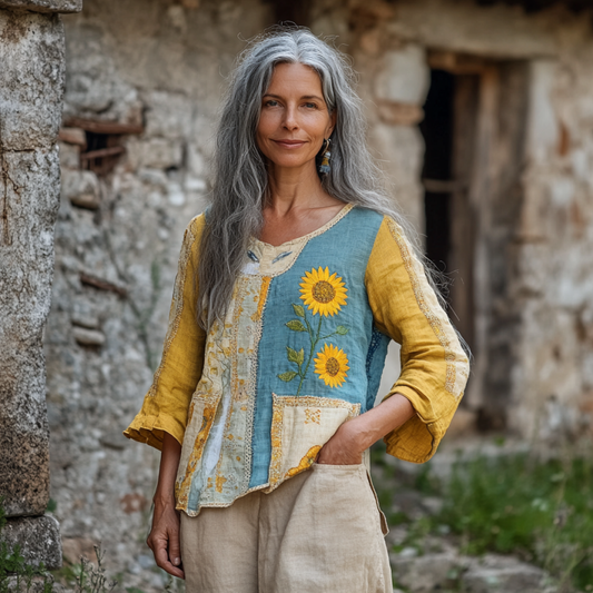 Retro Bohemian Art Patchwork Ukraine Sunflower Print Cotton And Linen Blend Loose Blouse elevenforest