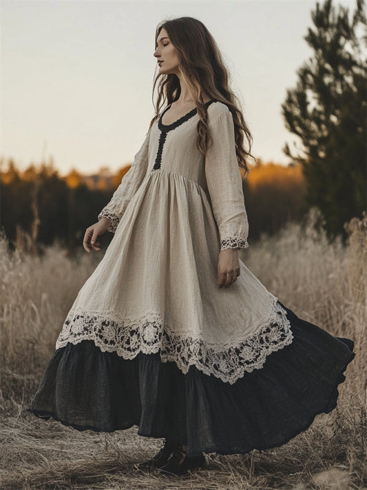 Vintage Lace Hem Contrast Bottom Flowy Linen Dress artswardrobe