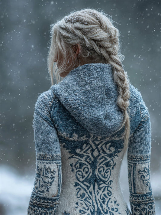 Comstylish Ice Crytal Viking Celtic Contrast Cozy Heather Knit Hooded Sweater