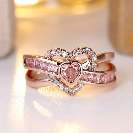 Heart Rose Crystal Gold Ring