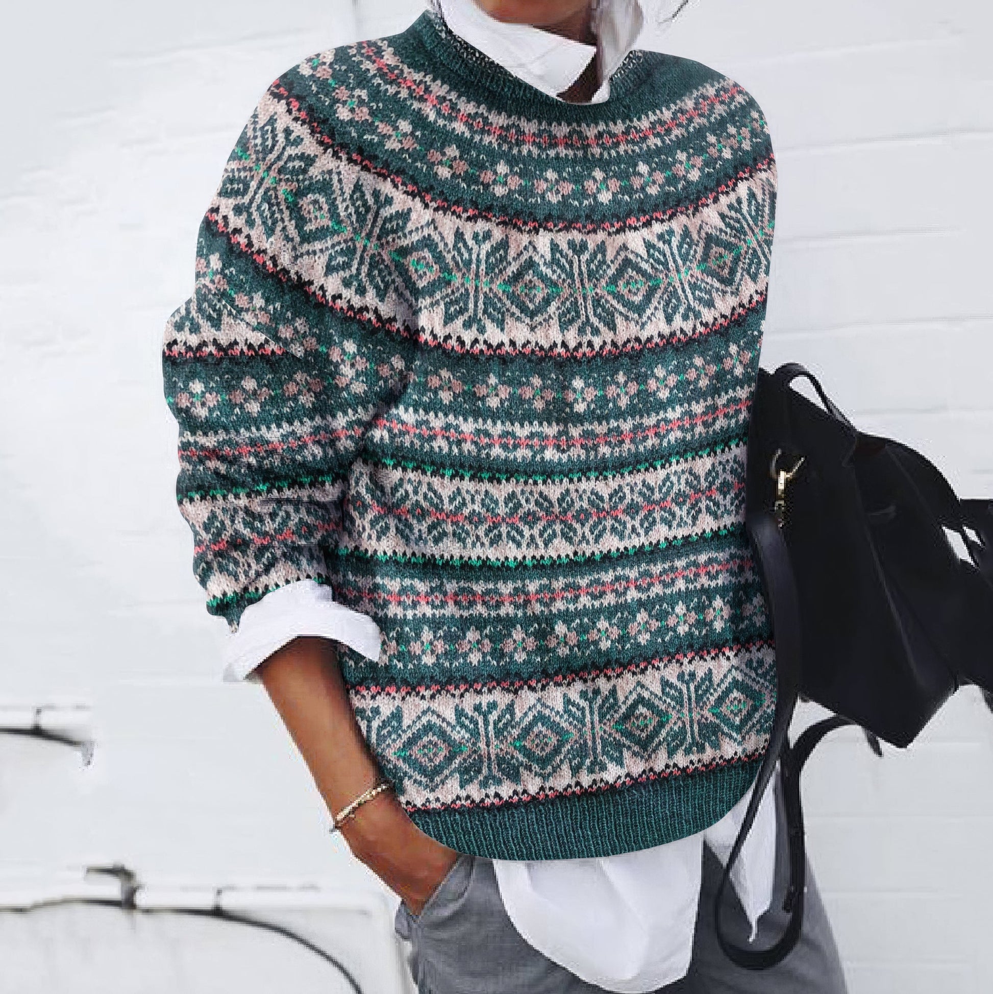 Vintage Fairman Island Snowflake Jacquard Contrast Pattern Sweater elevenforest