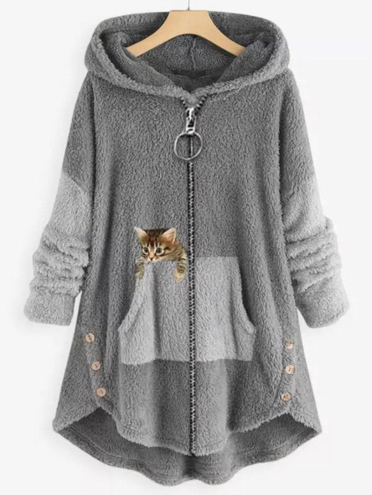 KS | Cozy fleece hooded jacket with adorable cat print