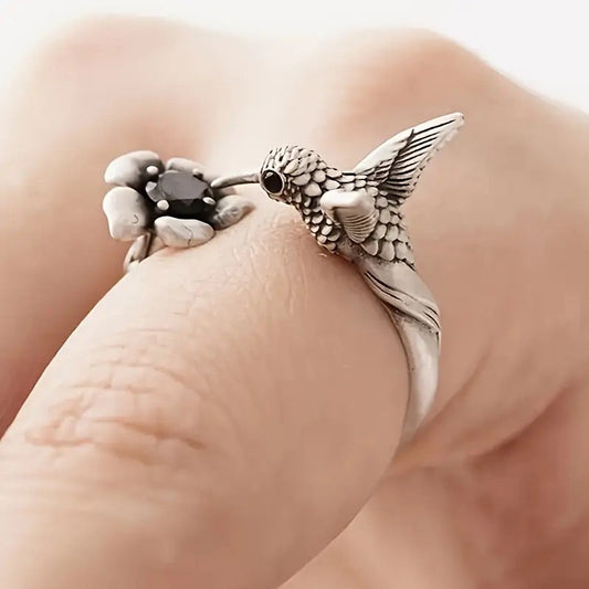 Hummingbird & Flower Ring – Adjustable Open Bird Ring For Women