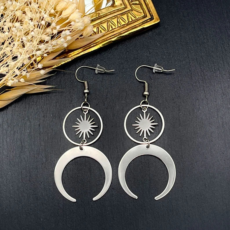 Stainless Steel Half Moon Crescent Earrings And Solar Talisman