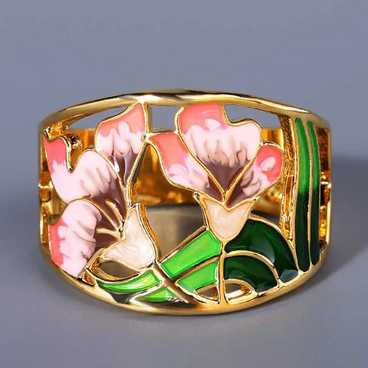 Golden Enamel Flower Ring