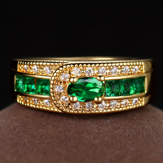 Gold Ring With Cubic Zirconia and Green Stones
