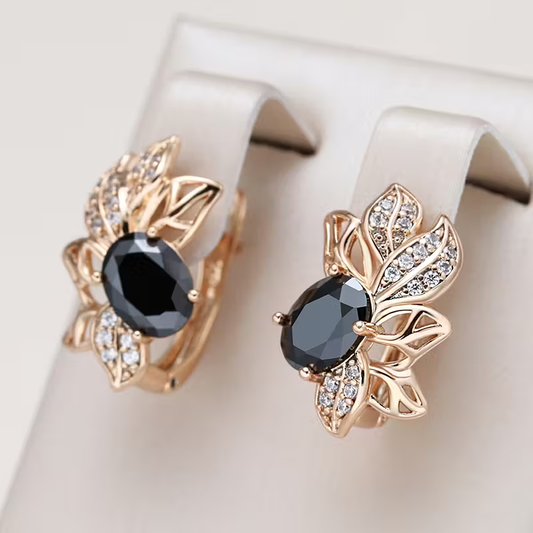 Elegant Floral Black & Gold Earrings