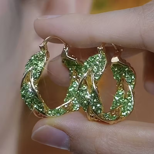 Green Bright Hoop Gold Earrings