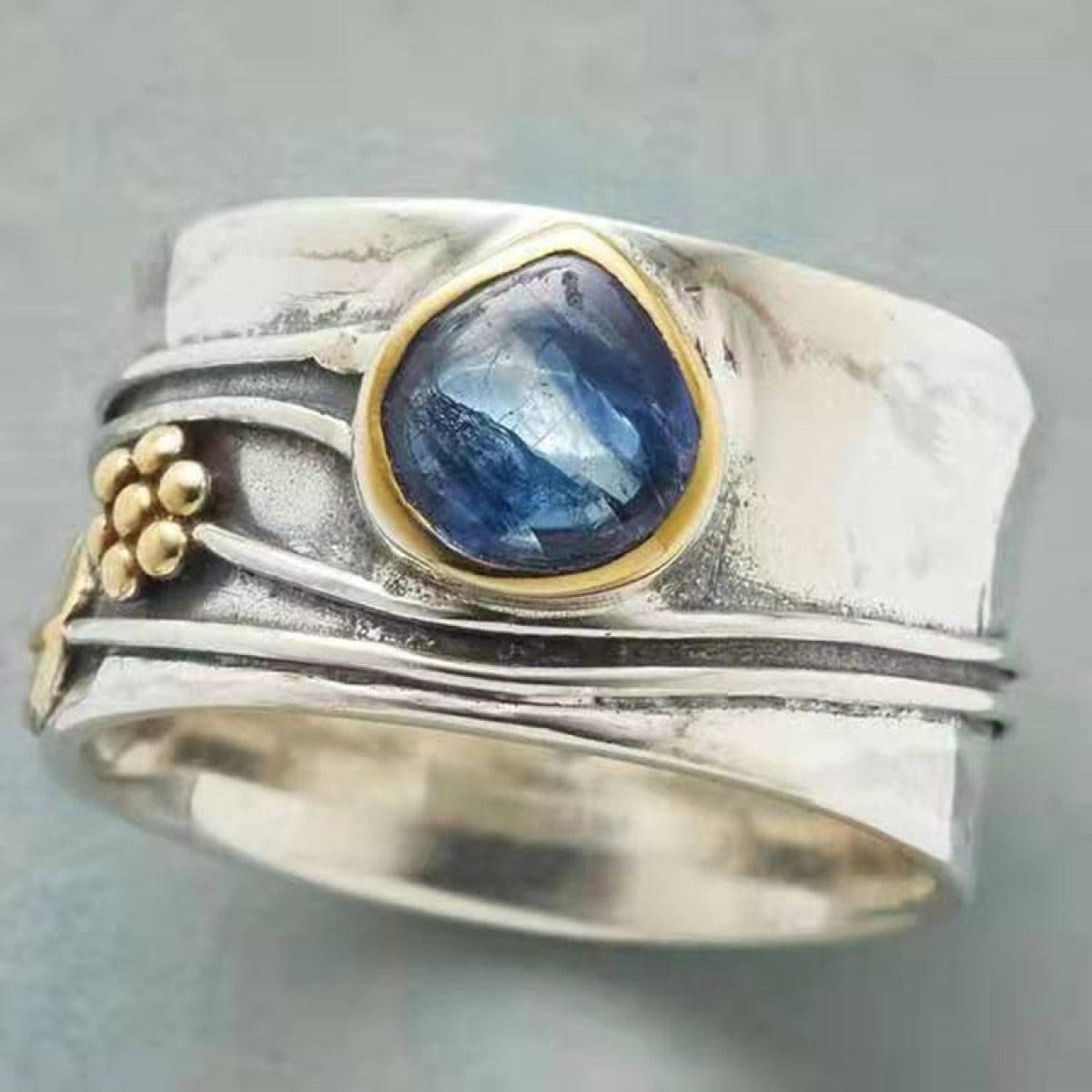 Vintage Silver Leaf Blue Glass Ring