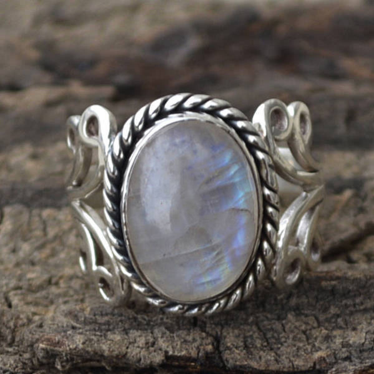 Blue Moonstone Silver Flower Ring