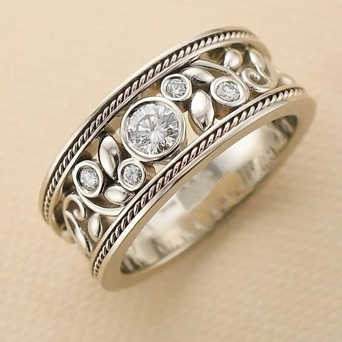 Vintage Zirconia Leaf Silver Ring