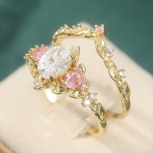 Elegant Pink Crown Drop Crystal Ring Set
