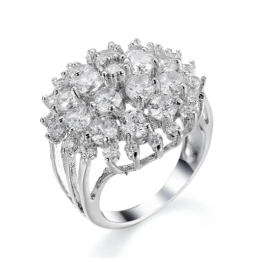 Vintage Flower Zirconia Layered Silver Ring